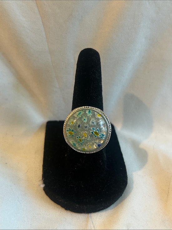 Jewelry - Handcrafted Floral Glass Dome Statement Ring - Blue & Yellow